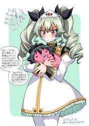 Rule 34 | 1girl, 2023, anchovy (girls und panzer), blush, clothes lift, cosplay, dated, dress, drill hair, galaxy angel, girls und panzer, green hair, hair ribbon, hat, highres, long hair, looking at another, normad, parody, pepperoni (girls und panzer), red eyes, ribbon, shirt, shirt lift, simple background, stuffed toy, tiara, translation request, twin drills, twintails, vanilla h, vanilla h (cosplay), what