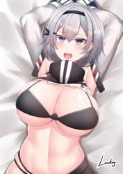 Rule 34 | 1girl, absurdres, armpits, arms up, artist name, azur lane, bare shoulders, bed sheet, bikini, bikini top only, black bikini, black hairband, black legwear, blush, breasts, cleavage, commentary request, crossed bangs, crying, crying with eyes open, detached sleeves, earrings, grey hair, groin, hair between eyes, hair ornament, hairband, hairclip, highres, jewelry, large breasts, loading (vrvn), looking at viewer, midriff, navel, open mouth, purple eyes, reno (azur lane), shadow, shirt, short hair, sidelocks, skindentation, solo, stud earrings, sweat, swimsuit, tears, teeth, torn clothes, torn shirt, underboob, upper body, upper teeth only, white sleeves