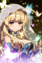 Rule 34 | 1girl, ahoge, blonde hair, blue eyes, blush, breasts, brooch, bug, butterfly, detached collar, detached sleeves, glowing, green eyes, grin, helena k sink, bug, jewelry, lowres, masinhwangje, outstretched hand, smile, solo, sword girls, veil