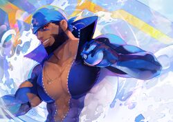 Rule 34 | 1boy, abs, archie (pokemon), bandana, beard, black hair, blue bandana, blue bodysuit, bodysuit, collarbone, commentary request, creatures (company), dark-skinned male, dark skin, dive ball, diving suit, facial hair, game freak, grin, hand up, holding, holding poke ball, jewelry, large pectorals, logo, male focus, muscular, muscular male, necklace, nintendo, pectorals, poke ball, pokemon, pokemon oras, qvoro, red eyes, short hair, smile, solo, teeth, torn bodysuit, torn clothes, upper body, wetsuit, zipper