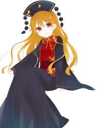 Rule 34 | 1girl, belt, black dress, black hat, black sleeves, blonde hair, bow, brown belt, chinese clothes, crescent, dress, eyes visible through hair, hair between eyes, hat, highres, junko (touhou), long hair, long sleeves, looking at viewer, pom pom (clothes), red eyes, red vest, simple background, sitting, smile, solo, teeth, touhou, umi (nana spring), vest, white background, wide sleeves, yellow bow, yellow neckwear