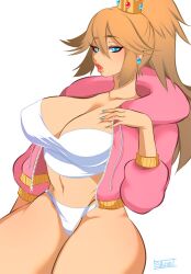 Rule 34 | 1girl, artist name, bikini, blonde hair, blue eyes, breasts, casual, cleavage, highres, jacket, large breasts, legs, long hair, looking at viewer, lovelydagger, mario (series), navel, nintendo, open clothes, open jacket, parted lips, ponytail, princess, princess peach, red lips, smile, solo, super mario bros. 1, swimsuit, thick thighs, thighs