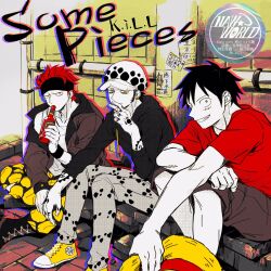 Rule 34 | 3boys, album cover, arm tattoo, black hair, black hoodie, boots, bottle, cigarette, commentary request, cover, demorzel, denim, drinking, earrings, english text, eustass kid, fake cover, fur hat, grin, hand tattoo, hat, highres, holding, holding bottle, holding clothes, holding hat, hood, hoodie, jacket, jeans, jewelry, long sleeves, looking at viewer, male focus, monkey d. luffy, mouth hold, multiple boys, one piece, outdoors, pants, red eyes, red hair, red nails, red shirt, shirt, shoes, short hair, short sleeves, shorts, sitting, smile, smoking, sneakers, standing, straw hat, tattoo, trafalgar law, yellow eyes