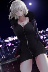 Rule 34 | 1girl, against railing, ahoge, black dress, blonde hair, breasts, cityscape, cleavage, coat, collarbone, dress, fate/grand order, fate (series), fur trim, highres, jeanne d&#039;arc (fate), jeanne d&#039;arc alter (fate), jeanne d&#039;arc alter (ver. shinjuku 1999) (fate), jewelry, ka (mauve p), against railing, looking to the side, moon, necklace, night, official alternate costume, railing, short dress, short hair, solo, yellow eyes