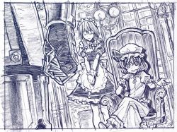 Rule 34 | 00s, 1boy, 2girls, armchair, armor, blue theme, braid, buront, candle, chair, clenched hand, clenched hands, crossover, dutch angle, closed eyes, final fantasy, final fantasy xi, graphite (medium), own hands clasped, hat, izayoi sakuya, crossed legs, maid, monochrome, multiple girls, own hands together, remilia scarlet, sakino shingetsu, short hair, sitting, sketch, the iron of yin and yang, touhou, traditional media, twin braids, v arms, wrist cuffs