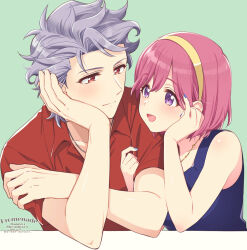 Rule 34 | 1boy, 1girl, artist name, bare shoulders, blue nails, blue shirt, blush, bob cut, closed mouth, collared shirt, couple, crossed arms, dated, green background, grey hair, hair between eyes, hairband, hand in own hair, head on hand, hetero, holding another&#039;s arm, jewelry, krudears, looking at another, nail polish, necklace, open mouth, pink hair, protagonist (tokimemo gs3), purple eyes, red eyes, red shirt, shirt, shitara seiji, short hair, short sleeves, sleeveless, sleeveless shirt, smile, tokimeki memorial, tokimeki memorial girl&#039;s side 3rd story, twitter username, upper body, yellow hairband