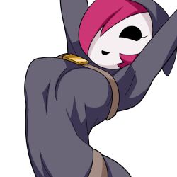 Rule 34 | 1girl, arms up, belt, black robe, breasts, brown belt, chest belt, commentary request, hair between eyes, hair over one eye, hollow eyes, hood, hood up, hooded robe, hospital king, large breasts, long bangs, mario (series), mask, masked, nintendo, open mouth, red hair, robe, short hair, shy gal, simple background, smile, solo, upper body, white background