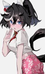 Rule 34 | 1girl, animal ears, black hair, blue eyes, breasts, chestnut mouth, clothing cutout, commentary request, cowboy shot, ear covers, floral print, gaze on me! outfit (umamusume), hair between eyes, hair ornament, highres, horse ears, horse girl, horse tail, katsuragi ace (umamusume), looking at viewer, m75255831, medium breasts, medium hair, multicolored hair, pink shorts, ponytail, shirt, short sleeves, shorts, simple background, solo, streaked hair, tail, tail through clothes, tassel, tassel hair ornament, tied shirt, umamusume, white background, white hair, white shirt