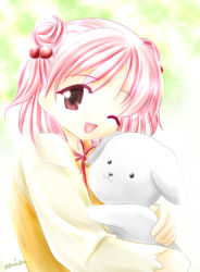 Rule 34 | 1girl, :3, ;d, bell, dog, double bun, ever 17, flat chest, fog, hair bobbles, hair ornament, holding, hug, jingle bell, min, one eye closed, open mouth, pink eyes, pink hair, puppy, raglan sleeves, ribbon, short hair, short twintails, signature, smile, solo, stuffed animal, stuffed toy, twintails, yagami coco