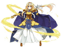 Rule 34 | 1girl, alice zuberg, armor, armored boots, blonde hair, blue dress, blue eyes, boots, braid, breastplate, commentary request, cross, dress, floating hair, frown, full body, gauntlets, gold armor, hair intakes, hair ribbon, hairband, highres, holding, holding sword, holding weapon, long hair, looking at viewer, low-tied long hair, ribbon, shikei, shoulder armor, shoulder plates, simple background, solo, sword, sword art online, sword art online: alicization, very long hair, weapon, white background, white hairband
