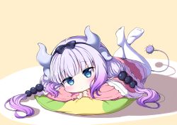 Rule 34 | 1girl, absurdres, beads, blue eyes, blunt bangs, bow, dragon girl, dragon horns, dress, feet, full body, hair beads, hair bow, hair ornament, highres, horns, kanna kamui, kobayashi-san chi no maidragon, legs up, long hair, looking at viewer, low twintails, lying, on stomach, pillow, pink dress, pink hair, ribbon, soles, solo, tail, thighhighs, twintails, white thighhighs, yukki bunny