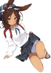 Rule 34 | 1girl, animal ears, arm support, azur lane, backpack, bag, bare legs, bell, black skirt, blouse, blue hat, bow, brown hair, cameltoe, clothes lift, collarbone, dark-skinned female, dark skin, dutch angle, ear ribbon, from above, grey footwear, hair between eyes, hat, highres, i-26 (azur lane), i-26 (deep-sea rabbit) (azur lane), jingle bell, kiyomin, lifting own clothes, long hair, long sleeves, looking at viewer, neck ribbon, panties, parted bangs, parted lips, plaid, plaid skirt, polka dot, polka dot panties, puffy long sleeves, puffy sleeves, rabbit ears, randoseru, red eyes, red ribbon, ribbon, school uniform, shirt, shoes, skirt, skirt lift, sleeves past wrists, smile, solo, underwear, white panties, white shirt