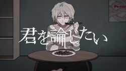 Rule 34 | 1boy, closed mouth, eating, ebanoniwa, fork, grey hair, grey shirt, hair between eyes, highres, holding, holding fork, indian style, indoors, long sleeves, looking at viewer, male focus, medium hair, original, pink eyes, plate, poster (object), sanpaku, shirt, sitting, solo, striped clothes, striped shirt