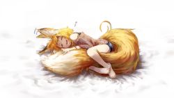 Rule 34 | 1girl, :d, animal ear fluff, animal ears, bare shoulders, bare tree, barefoot, bike shorts, blonde hair, closed eyes, commentary request, fox ears, fox tail, highres, hugging own tail, hugging tail, jaco, large tail, long sleeves, lying, motion lines, on side, open mouth, original, parted lips, ribbed sweater, short hair, sleeping, smile, solo, sweater, tail, tree