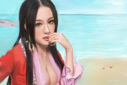 Rule 34 | 10s, 1girl, 2014, ak8722433, amazon warrior, artist name, beach, black eyes, black hair, blue sky, boa hancock, breasts, cleavage, dated, day, earrings, eyebrows, eyelashes, finger to mouth, fingernails, jewelry, lips, looking at viewer, medium breasts, nose, one piece, outdoors, parted lips, photorealistic, realistic, sky, snake earrings, solo, teeth, upper body