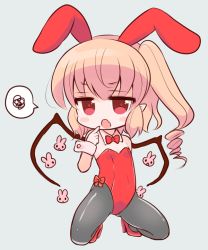 Rule 34 | 1girl, alternate costume, bad id, bad pixiv id, brown hair, chibi, detached collar, fang, flandre scarlet, flat chest, full body, kneeling, long hair, looking at viewer, mashiro miru, open mouth, pantyhose, playboy bunny, pointy ears, red eyes, side ponytail, solo, spoken squiggle, squiggle, touhou, wings, wrist cuffs