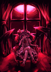 Rule 34 | 1girl, bad id, bad pixiv id, bat wings, chair, female focus, hand on own face, hat, highres, hima (mizu ni tsuyoi), himajin tohakagiranai, crossed legs, legs folded, red background, red eyes, red footwear, red theme, remilia scarlet, shoes, sitting, solo, touhou, window, wings