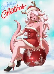 Rule 34 | 1girl, absurdres, android 21, antlers, bare shoulders, black sclera, breasts, choker, cleavage, colored sclera, colored skin, dragon ball, dragon ball fighterz, dress, earrings, female focus, full body, gloves, hat, high heels, highres, horns, jewelry, large breasts, long hair, looking at viewer, majin android 21, nail polish, off-shoulder dress, off shoulder, one eye closed, pea-bean, pink skin, pointy ears, red eyes, santa hat, see-through, see-through gloves, see-through legwear, solo, tail, white hair, wink