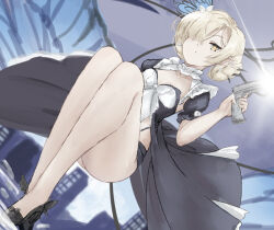 1girl azur_lane black_dress black_footwear breasts cleavage closed_mouth dress gun hair_over_one_eye hair_rings holding holding_gun holding_weapon light_brown_hair looking_at_viewer mumei_shumi official_alternate_costume sheffield_(azur_lane) sheffield_(occult_clash)_(azur_lane) short_sleeves small_breasts solo two-tone_dress weapon white_dress yellow_eyes