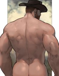 Rule 34 | 1boy, ass, back, back focus, bara, beard, blue pants, completely nude, cowboy, cowboy hat, cowboy western, denim, dopey (dopq), facial hair, from behind, hat, highres, jeans, looking to the side, male focus, mature male, muscular, muscular male, mustache, nude, original, pants, shiny skin, short hair, solo, thick eyebrows, topless male, western
