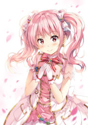 Rule 34 | 1girl, bang dream!, blush, commentary request, earrings, gloves, hair ribbon, jacket, jewelry, long hair, looking at viewer, maruyama aya, neck ribbon, overskirt, own hands together, petals, pink eyes, pink hair, red ribbon, ribbon, see-through, see-through sleeves, short sleeves, sidelocks, smile, solo, striped ribbon, tomo wakui, twintails, white gloves, white ribbon