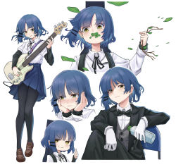 Rule 34 | 1girl, absurdres, asymmetrical bangs, asymmetrical sidelocks, bass guitar, black bow, black bowtie, black jacket, black pantyhose, black ribbon, black sleeves, blue hair, blue skirt, blush, bocchi the rock!, bottle, bow, bowtie, branch, brown footwear, closed mouth, collared shirt, commentary, cropped torso, crossed legs, earrings, embarrassed, full body, gloves, grey vest, guitar case, hair ornament, hairclip, hand on own knee, hand up, hands on own cheeks, hands on own face, highres, holding, holding bottle, holding branch, igonnaswing, instrument, instrument case, jacket, jewelry, lapels, loafers, long sleeves, looking at object, looking at viewer, looking down, looking to the side, miniskirt, mole, mole under eye, mouth hold, multiple views, music, neck ribbon, on chair, pantyhose, parted bangs, parted lips, plastic bottle, playing instrument, pleated skirt, ribbon, school uniform, shimokitazawa high school uniform, shirt, shirt tucked in, shoes, short hair, short sleeves, simple background, sitting, skirt, smile, stalk in mouth, standing, stud earrings, thumbs up, upper body, v-shaped eyebrows, vest, white background, white gloves, white shirt, yamada ryo, yellow eyes