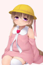 Rule 34 | 1girl, blush, brooch, closed mouth, commentary request, dress, flat chest, heart, heart brooch, highres, jewelry, light brown hair, long sleeves, low twintails, ne an ito, no nose, pink dress, pink sleeves, sleeves past fingers, sleeves past wrists, solo, tareme, thick thighs, thighs, tsukuyomi ai, twintails, voiceroid, yellow headwear