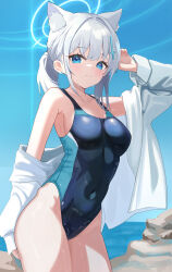 Rule 34 | 1girl, animal ear fluff, animal ears, arm behind back, arm up, armpit crease, bare shoulders, blue archive, blue eyes, blue halo, blue one-piece swimsuit, blue sky, blush, breasts, bright pupils, closed mouth, collarbone, commentary request, covered navel, cowboy shot, cross hair ornament, curvy, day, earrings, eyelashes, grey hair, groin, hair between eyes, hair ornament, half updo, halo, happy, highres, hitachi sou, jewelry, large breasts, long sleeves, looking at viewer, medium hair, midriff, mismatched pupils, ocean, off shoulder, one-piece swimsuit, outdoors, paid reward available, ponytail, shiroko (blue archive), shirt, sideboob, sidelocks, sky, smile, solo, standing, stud earrings, swimsuit, swimsuit under clothes, thighs, wet, white pupils, white shirt, wolf ears, wolf girl