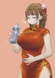 Rule 34 | 1girl, bag, baozi, belly, black panties, bottle, breasts, brown eyes, brown hair, burp, china dress, chinese clothes, closed eyes, commentary, double bun, dress, food, full stomach, hair bun, hand on own stomach, highres, holding, holding stomach, jun (navigavi), large breasts, md5 mismatch, medium hair, original, panties, pantyshot, standing, steam, thighs, underwear, water bottle, wrapper