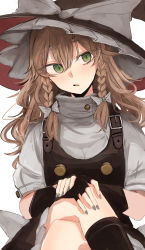 Rule 34 | 1girl, black dress, black gloves, black hat, bow, braid, crossed legs, dress, eyes visible through hair, fingerless gloves, frilled dress, frills, gloves, green eyes, grey bow, grey nails, grey shirt, hair bow, hands on own knee, hat, hat bow, high collar, highres, kirisame marisa, long hair, looking at viewer, medium dress, nail polish, necro (nekurodayo), open mouth, shirt, short sleeves, side braid, simple background, sitting, solo, tilted headwear, touhou, white background, witch hat