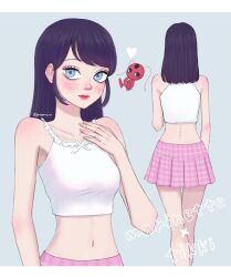 Rule 34 | 2girls, back, bare arms, blue background, blue eyes, blue hair, blush, bug, closed mouth, gongonsrr, highres, insect, ladybug, light smile, long hair, looking at viewer, marinette dupain-cheng, miraculous ladybug, multiple girls, navel, pink skirt, shirt, skirt, solo, tikki (miraculous ladybug), upper body, white shirt
