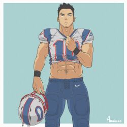 Rule 34 | 1boy, abs, amaimao, american football helmet, american football uniform, bara, clothes lift, cross-laced clothes, cross-laced legwear, facial hair, feet out of frame, goatee stubble, helmet, highres, male focus, mature male, midriff peek, muscular, muscular male, navel, navel hair, nike (company), original, shirt lift, short hair, solo, sportswear, standing, stubble, thick eyebrows, thick thighs, thighs