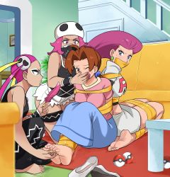 Rule 34 | 4girls, absurdres, bare legs, barefoot, bdsm, blue bow, blue eyes, bondage, boots, bound, bound ankles, bound legs, bow, breasts, brown eyes, brown hair, circle skirt, covering own mouth, creatures (company), crop top, delia ketchum, earrings, feet, gagged, game freak, hair bow, hand gagged, hand over another&#039;s mouth, hand over another's mouth, highres, indoors, jessie (pokemon), jewelry, lipstick, long hair, long skirt, lost one zero, makeup, mask, mature female, miniskirt, multiple girls, nail polish, nintendo, one eye closed, parted bangs, pencil skirt, plumeria (pokemon), poke ball, poke ball (basic), pokemon, pokemon (anime), pokemon sm, pokemon sm (anime), purple eyes, purple hair, purple skirt, shoes, skirt, skirt set, skull-shaped hat, skull hat, socks, sweat, tagme, tank top, tape, tape bondage, team rocket, team skull, team skull grunt, tickling, tight skirt, toenail polish, toenails, toes, unworn shoes, variant set, white skirt