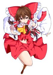 Rule 34 | 1girl, ass, between fingers, boots, bow, brown eyes, brown hair, cross-laced footwear, detached sleeves, foreshortening, full body, hair bow, hair tubes, hakurei reimu, highres, holding, ishimu, long sleeves, looking at viewer, midriff peek, mouth hold, navel, red skirt, shirt, simple background, skirt, skirt set, solo, spell card, touhou, white background, wide sleeves