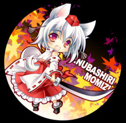 Rule 34 | 1girl, animal ears, character name, chibi, female focus, hat, inubashiri momiji, lowres, plant, riv (rivleaf), shield, short hair, silver hair, solo, standing, sword, tail, touhou, weapon, wolf ears, wolf tail