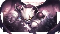 Rule 34 | absurdres, armor, bat wings, border, broken glass, dark meta knight, glass, gloves, highres, holding, holding sword, holding weapon, kirby (series), kirby and the amazing mirror, looking at viewer, mask, nintendo, no humans, outside border, pauldrons, scar, shiburingaru, shoulder armor, sparkle, sword, torn wings, weapon, wings, yellow eyes