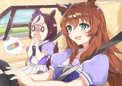 Rule 34 | 0 0, 2girls, animal ears, blouse, bow, brown hair, car interior, commentary, driving, ear bow, green eyes, highres, horse ears, horse girl, horse tail, long hair, maruzensky (umamusume), multicolored hair, multiple girls, own hands clasped, own hands together, pleated skirt, purple bow, purple shirt, rin (yukameiko), scared, school uniform, seatbelt, shaded face, shirt, short hair, short sleeves, skirt, special week (umamusume), spoken object, symbol-only commentary, tail, tracen school uniform, traffic light, two-tone hair, umamusume, white hair, white skirt