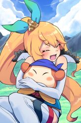 Rule 34 | 1girl, absurdres, bandana, bandana waddle dee, blonde hair, blue bandana, blue sky, blush, blush stickers, bow, closed eyes, commission, crossover, dragalia lost, elisanne, gloves, grimmelsdathird, hair bow, highres, hug, kirby (series), nintendo, open mouth, outdoors, sky, smile, white gloves