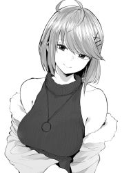 Rule 34 | 1girl, ahoge, bare shoulders, breasts, closed mouth, commission, fur trim, greyscale, hair ornament, highres, jewelry, large breasts, looking at viewer, medium breasts, monochrome, necklace, norman maggot, off shoulder, original, pendant, ribbed sweater, short hair, sleeveless, sleeveless sweater, sleeveless turtleneck, smile, solo, sweater, swept bangs, turtleneck, turtleneck sweater, upper body, x hair ornament