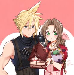 Rule 34 | 1boy, 1girl, aerith gainsborough, armor, belt, blonde hair, blue eyes, blue shirt, blush, bracelet, braid, brown hair, buttons, choker, cloud strife, cropped jacket, dress, final fantasy, final fantasy vii, final fantasy vii remake, gloves, green eyes, hair ribbon, hell house, house, jacket, jewelry, krudears, necklace, parted bangs, pink background, pink dress, pink ribbon, red jacket, ribbon, shirt, shoulder armor, sidelocks, sleeveless, sleeveless turtleneck, spiked hair, square enix, suspenders, turtleneck, wavy hair