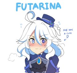 Rule 34 | 1girl, absurdres, ahoge, ascot, black ascot, blue eyes, blue hair, blue hat, blush, brooch, closed mouth, colored inner hair, commentary, english commentary, english text, flying sweatdrops, furina (genshin impact), genshin impact, hat, highres, hinghoi, implied futanari, jewelry, looking at viewer, multicolored hair, pun, short hair, simple background, smile, solo, top hat, upper body, white background, white hair