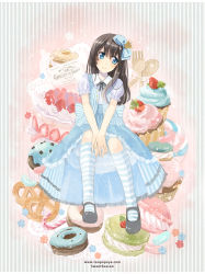 Rule 34 | 1girl, black hair, blue dress, blue eyes, cake, candy, candy cane, crown, cupcake, dress, food, fork, fruit, hair ribbon, highres, long hair, macaron, mary janes, mini crown, naruse chisato, original, pretzel, ribbon, shoes, smile, solo, spoon, strawberry, striped background, striped clothes, striped dress, striped thighhighs, thighhighs, vertical-striped clothes, vertical-striped dress, watermark, web address