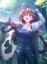 Rule 34 | 1girl, :d, animal, arm up, blush, breasts, brown hair, cleavage, collarbone, commentary request, cow, cow horns, day, fangs, gloves, hair between eyes, hair over shoulder, horns, ittokyu, large breasts, long hair, low twintails, open mouth, original, outdoors, overalls, purple eyes, shirt, short sleeves, signature, smile, solo, sweat, twintails, very long hair, white gloves, white shirt
