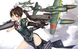 Rule 34 | 10s, 1girl, :d, aircraft, airplane, asymmetrical legwear, black gloves, black thighhighs, bow, bowtie, breasts, brown eyes, brown hair, commentary request, dress, e16a, elbow gloves, flight deck, gloves, hair between eyes, hair ribbon, kantai collection, long hair, looking at viewer, machinery, open mouth, outstretched arms, pelvic curtain, ribbon, rokuwata tomoe, side slit, single elbow glove, single thighhigh, small breasts, smile, solo, thighhighs, thighs, tone (kancolle), tone kai ni (kancolle), twintails, uneven legwear, vehicle focus, white ribbon