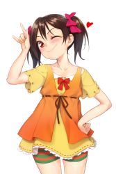 Rule 34 | 10s, 1girl, ;), bow, brown hair, cowboy shot, dress, fishkitty, hair bow, hand on own hip, heart, looking at viewer, love live!, love live! school idol project, m/, one eye closed, red eyes, short hair, shorts, simple background, smile, solo, twintails, w, white background, yazawa nico
