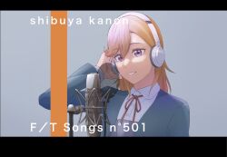 Rule 34 | 1girl, blue jacket, character name, collared shirt, commentary request, dress, grey dress, headphones, highres, holding, holding headphones, jacket, long sleeves, love live!, love live! superstar!!, medium hair, microphone, neck ribbon, orange hair, parted lips, pop filter, purple eyes, red ribbon, ribbon, s sho mkrn, school uniform, shibuya kanon, shirt, solo, studio microphone, the first take, upper body, white shirt, winter uniform, yuigaoka school uniform