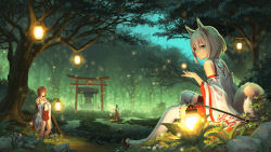 Rule 34 | 3girls, animal ears, blue eyes, branch, brown hair, bug, detached sleeves, firefly, flat chest, forest, grass, highres, insect, japanese clothes, lantern, maiden, miko, multiple girls, nature, original, pinakes, puddle, same, sandals, scenery, silver hair, similar clothes, socks, torii, tree
