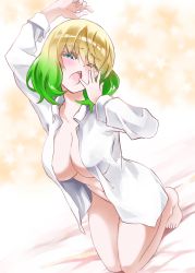 Rule 34 | 1girl, absurdres, arm above head, barefoot, blonde hair, blue eyes, blush, bottomless, collared shirt, dutch angle, feet, gradient hair, green hair, hand to own mouth, highres, kneeling, long sleeves, medium hair, multicolored hair, naked shirt, navel, no bra, one eye closed, open clothes, open shirt, otomi mayura, outstretched arm, shirt, solo, sousei no onmyouji, stretching, sukeno yoshiaki, tears, two-tone hair, white shirt, yawning