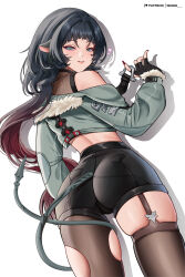 1girl absurdres animal_ears ass black_garter_straps black_gloves black_hair black_pantyhose black_shorts black_thighhighs blush commentary cowboy_shot drop_shadow duplicate english_commentary fingerless_gloves from_behind fur-trimmed_jacket fur_trim garter_straps gloves green_eyes green_jacket heart high-waist_shorts highres jacket jane_doe_(zenless_zone_zero) long_hair long_sleeves median_furrow mouse_ears paid_reward_available pantyhose parted_lips patreon_username red_hair red_nails shorts sidelocks simple_background single_bare_shoulder single_garter_strap single_leg_pantyhose single_off_shoulder single_thighhigh skindentation smile solo standing tail tail_around_own_leg thighhighs thighs torn_clothes torn_pantyhose very_long_hair white_background wonnikon zenless_zone_zero