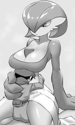 Rule 34 | 1boy, 1girl, alpha pokemon, arm support, between legs, blush, bob cut, breasts, breath, cabbie hat, cleavage, closed mouth, collarbone, creatures (company), expressionless, fanny pack, from behind, game freak, gardevoir, gen 3 pokemon, grey background, greyscale, hair over one eye, hand on another&#039;s back, hat, hetero, highres, hug, interspecies, japanese clothes, kimono, large breasts, light blush, long sleeves, looking down, monochrome, nintendo, one eye covered, pero (pero7762), pokemon, pokemon (creature), pokemon legends: arceus, rei (pokemon), scarf, shiny skin, short hair, simple background, sitting, size difference, solo focus, steam, steaming body, thighs